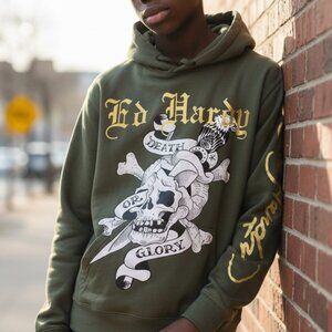 NEW Ed Hardy Tattoo Hoodie Mens Large Olive Green Skull Graphic NWT